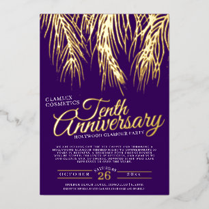 Invitation En Aluminium 10e anniversaire glamor party or violet palmiers