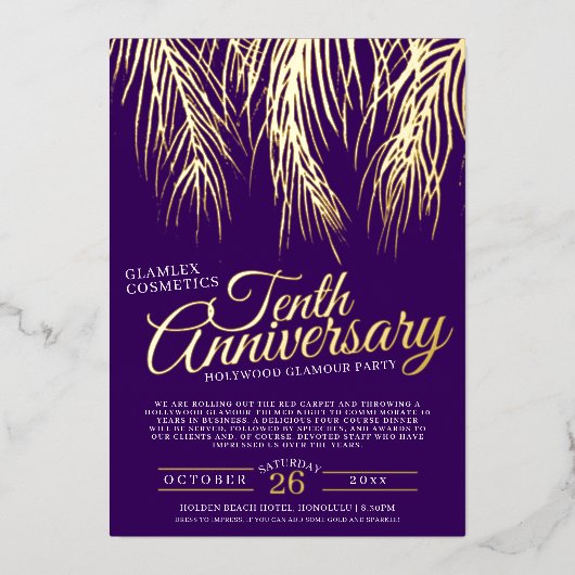 Invitation En Aluminium 10e anniversaire glamor party or violet palmiers (Recto)