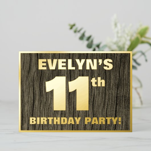 Invitation En Aluminium 11e Birthday Party: Bold, Faux Wood Grain Pattern (Debout devant)
