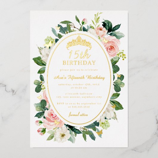 Invitation En Aluminium 15e anniversaire Gold Pink Butterfly Floral (Recto)