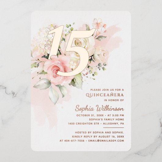 Invitation En Aluminium 15e anniversaire Quinceanera or floral (Recto)