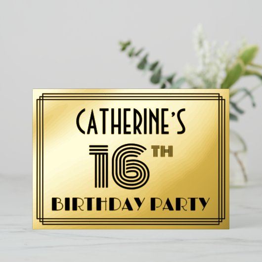 Invitation En Aluminium 16e fête d'anniversaire — Art Déco Style "16" & No (Debout devant)