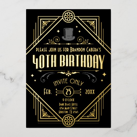 Invitation En Aluminium 1920 Art Déco Black & Gold 40e anniversaire (Recto)
