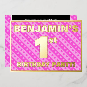 Invitation En Aluminium 1ère fête d'anniversaire — Coeurs et rayures roses