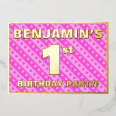 Invitation En Aluminium 1ère fête d'anniversaire — Coeurs et rayures roses (Recto)