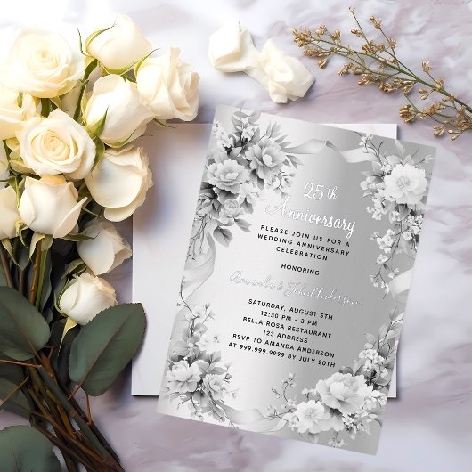 Invitation En Aluminium 25e anniversaire du mariage floraux d'argent