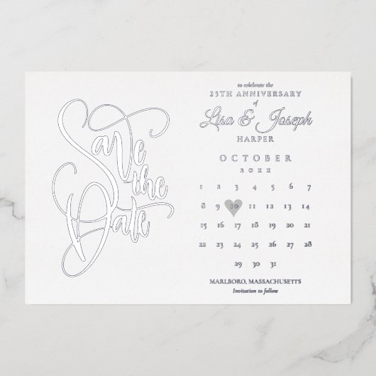 Invitation En Aluminium 25e anniversaire Enregistrer la date Calendrier Ar (Recto)