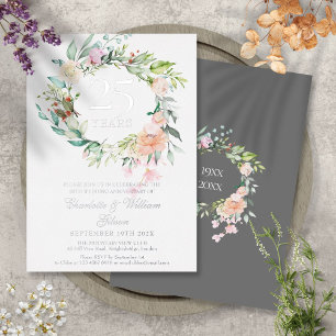 Invitation En Aluminium 25e anniversaire Mariage Rose Floral Silver