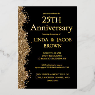 Invitation En Aluminium 25th Wedding Anniversary Gold Faux Glitter