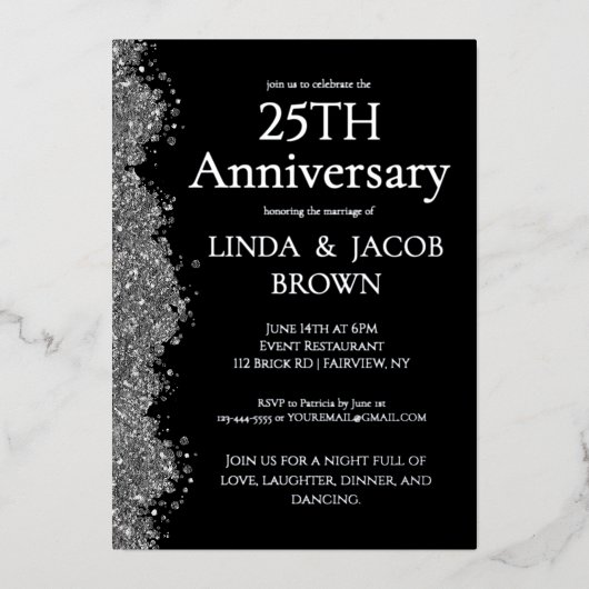 Invitation En Aluminium 25th Wedding Anniversary Silver Faux Glitter  (Recto)