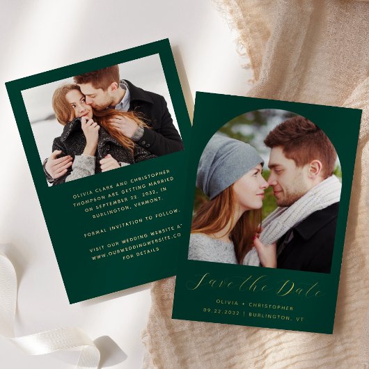 Invitation En Aluminium 2-Photo Arch Emerald Green Gold Enregistrer la dat