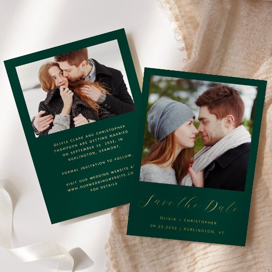 Invitation En Aluminium 2-Photo Emerald Green Gold Script Enregistrer la d