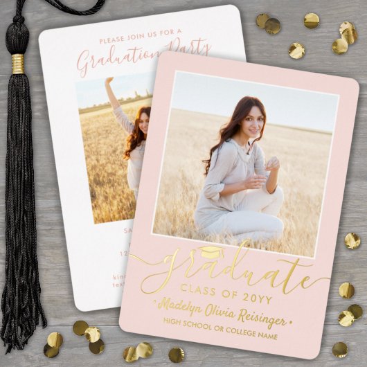 Invitation En Aluminium 2 Photo Graduation Party Modern Blush Rose & Real