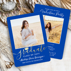 Invitation En Aluminium 2 Photo Graduation Party Moderne Royal Blue et