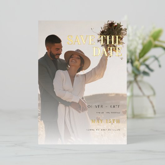 Invitation En Aluminium 2 Photo Mariage moderne Enregistrer la date (Debout devant)