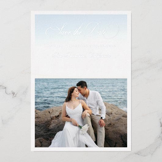 Invitation En Aluminium 2 Photo & Silver Script Seaside Beach Wedding (Recto)