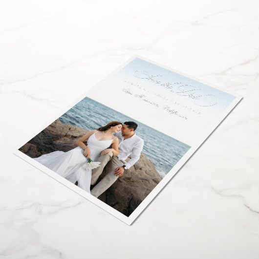 Invitation En Aluminium 2 Photo & Silver Script Seaside Beach Wedding (Rotation)
