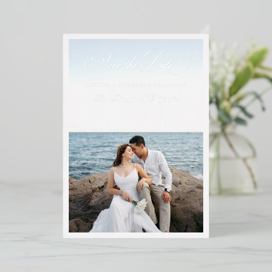 Invitation En Aluminium 2 Photo & Silver Script Seaside Beach Wedding (Debout devant)