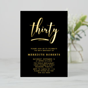 Invitation En Aluminium 30e anniversaire Gold sur Black Luxe Elegant Party