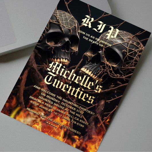 Invitation En Aluminium 30e anniversaire moderne Halloween Crâne d'or noir