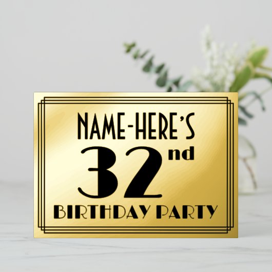 Invitation En Aluminium 32e fête d'anniversaire — Regarder Art Déco "32" + (Debout devant)