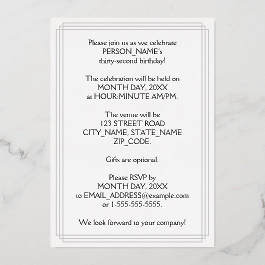 Invitation En Aluminium 32e fête d'anniversaire — Script élégant + Nom per (Verso)