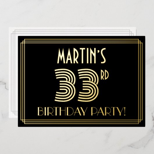 Invitation En Aluminium 33e fête d'anniversaire — Art Déco Style "33" + No (Recto/Verso)