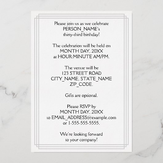 Invitation En Aluminium 33e fête d'anniversaire — Script élégant + Nom per (Verso)