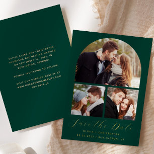 Invitation En Aluminium 3-Photo Arch Émeraude Vert Or Save the Date