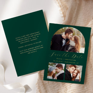 Invitation En Aluminium 3-Photo Arch Émeraude Vert Or Save the Date