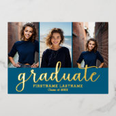 Invitation En Aluminium 3 Photo Graduation Party Modern Script Gold (Recto)