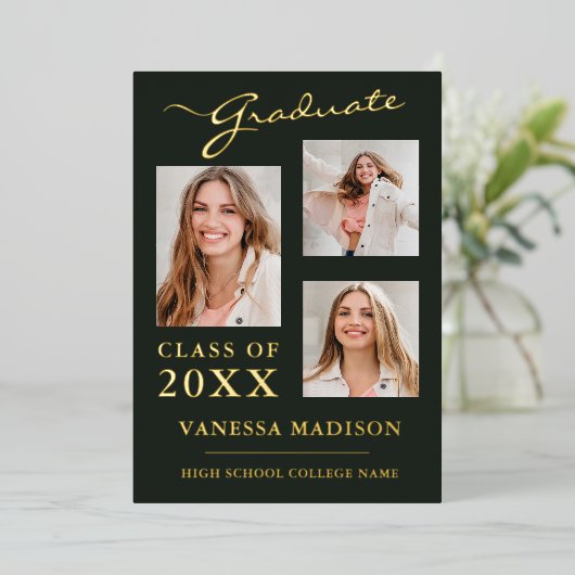 Invitation En Aluminium 3 Photo Script Sage Green Grad Announcement (Debout devant)