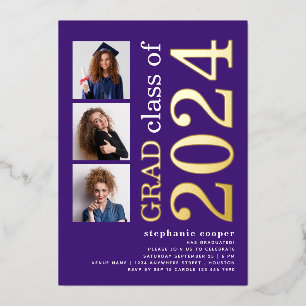 Invitation En Aluminium 3 Photos Graduation 2025 Purple Gold Real
