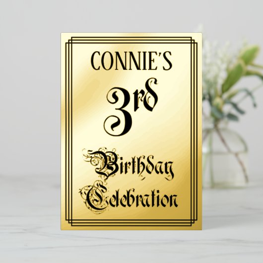 Invitation En Aluminium 3ème fête d'anniversaire — Script élégant + Nom pe (Debout devant)