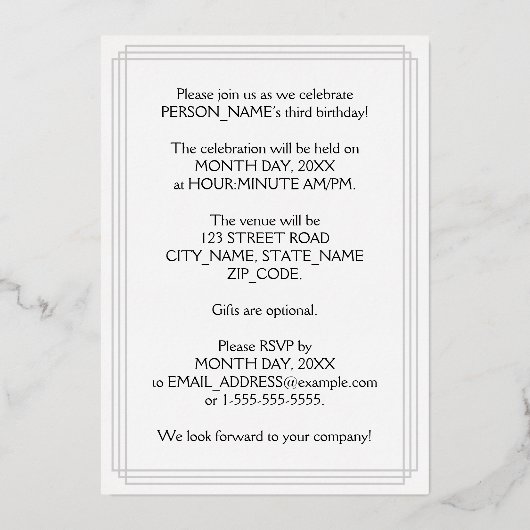 Invitation En Aluminium 3ème fête d'anniversaire — Script élégant + Nom pe (Verso)