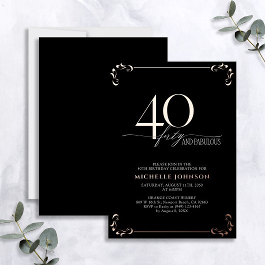Invitation En Aluminium 40 & Fabuleux Black Rose Gold Calligraphie Anniver