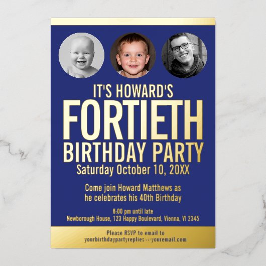 Invitation En Aluminium 40e anniversaire fête bleu feuille d'or cercles ph (Recto)