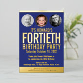 Invitation En Aluminium 40e anniversaire fête bleu feuille d'or cercles ph (Debout devant)