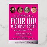 Invitation En Aluminium 40e anniversaire graphisme rose feuille d'or cercl<br><div class="desc">Gras simple graphique brillant rose chaud, et feuille d'argent ou votre propre couleur de feuille modèle photo 40e grande invitation à quatre oh anniversaire. Personnalisez cette invitation d'anniversaire avec les détails de votre fête d'anniversaire, et quatre photos différentes de votre fille d'anniversaire dans les cercles de photos pour chaque décennie....</div>