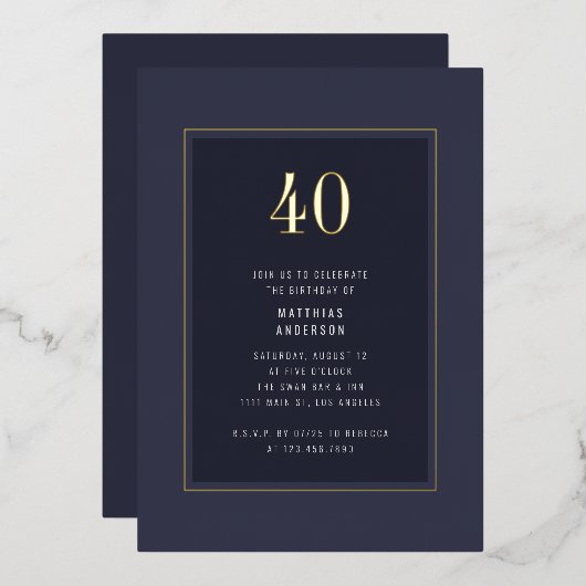 Invitation En Aluminium 40e anniversaire minimal élégant cadre d'or foncé (Recto/Verso)