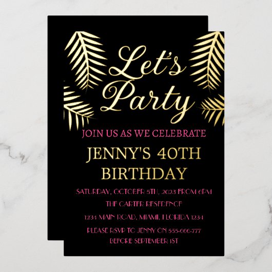 Invitation En Aluminium 40e anniversaire Neon Pink Black Gold Foil Code QR (Recto/Verso)