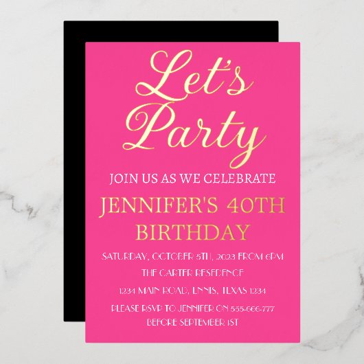 Invitation En Aluminium 40e anniversaire Neon Pink Black Gold Foil QR Code (Recto/Verso)