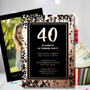 Invitation En Aluminium 40e Rose noir Gold Photo sur le dos Modèle personn