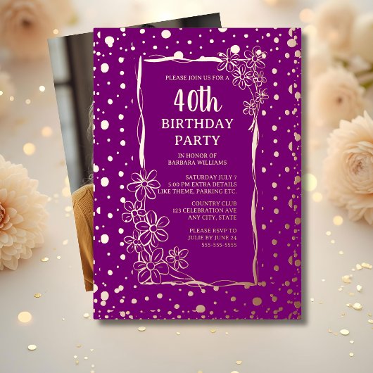 Invitation En Aluminium 40ème Floral Custom Anniversaire Fête Glam Glitzy