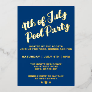 Invitation En Aluminium 4 juillet Pool Party Blue Élégant Script