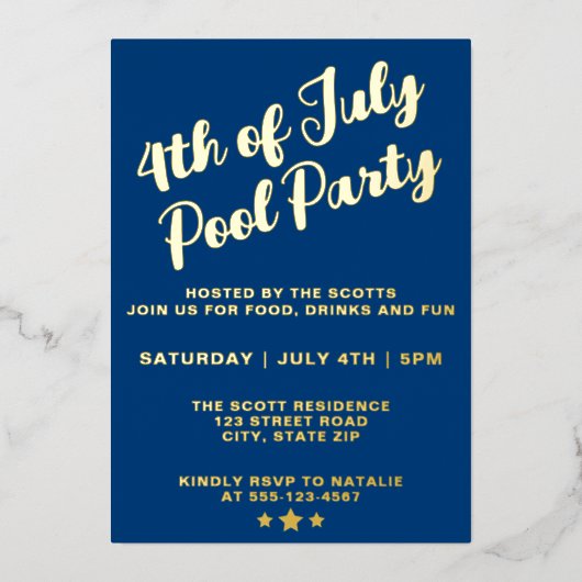 Invitation En Aluminium 4 juillet Pool Party Blue Élégant Script (Recto)