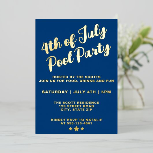 Invitation En Aluminium 4 juillet Pool Party Blue Élégant Script (Debout devant)