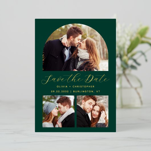 Invitation En Aluminium 4-Photo Arch Emerald Green Gold Enregistrer la dat (Debout devant)