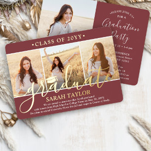 Invitation En Aluminium 4 Photo Graduation Party Bourgogne, blanche et rée