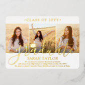 Invitation En Aluminium 4 Photo Graduation Party Elégant Blanc et Or (Recto)